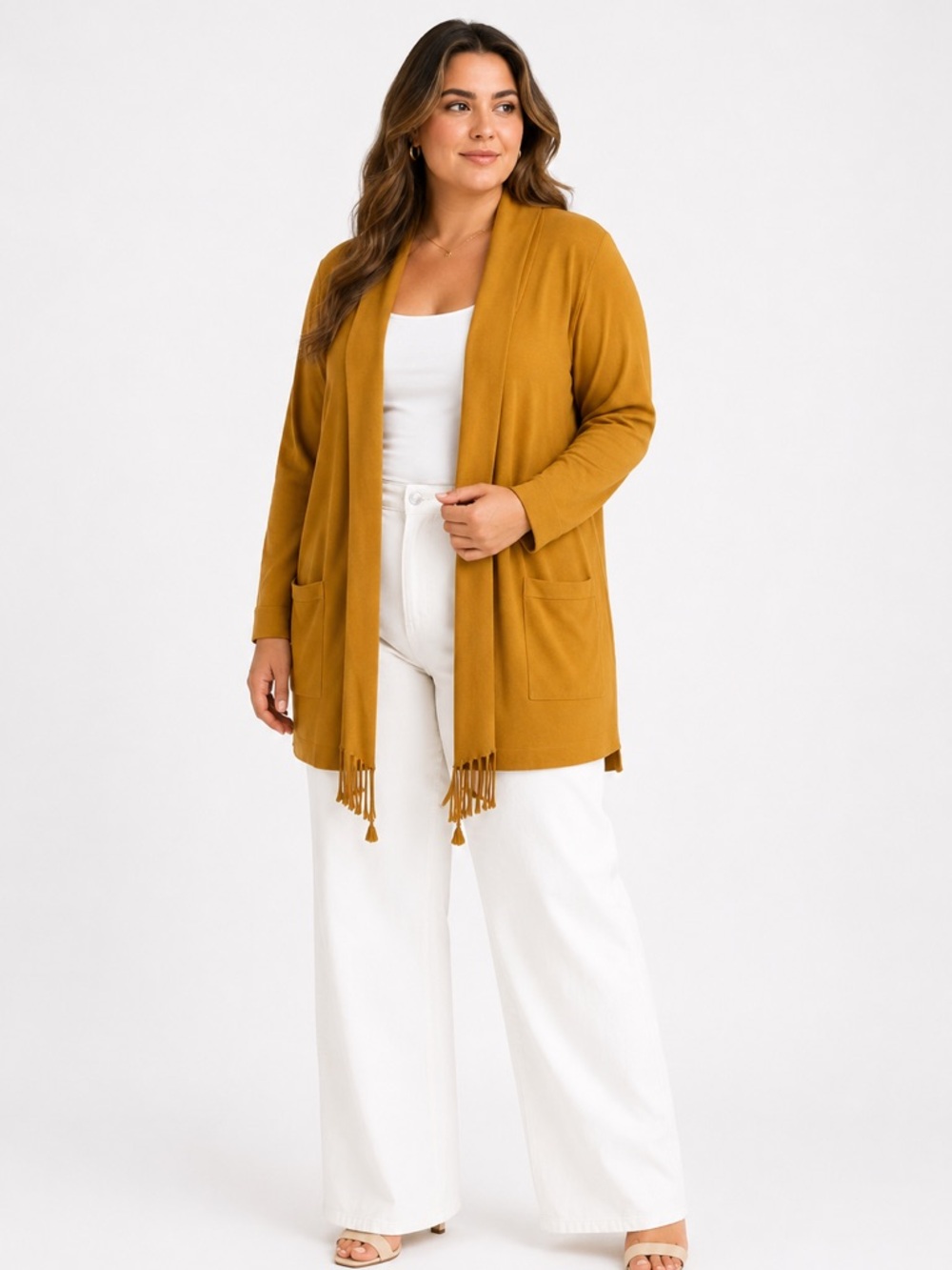 Olsen Mustard Fringe Open Cardigan Sweater – XL Contemporary Layering Piece
